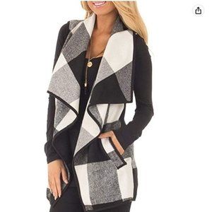 Womens Lapel Open Front Sleeveless Plaid Vest Cardigan Coat Jacket Pockets, L